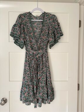Max Studio Green Floral Wrap Midi Dress with Flutter Sleeves